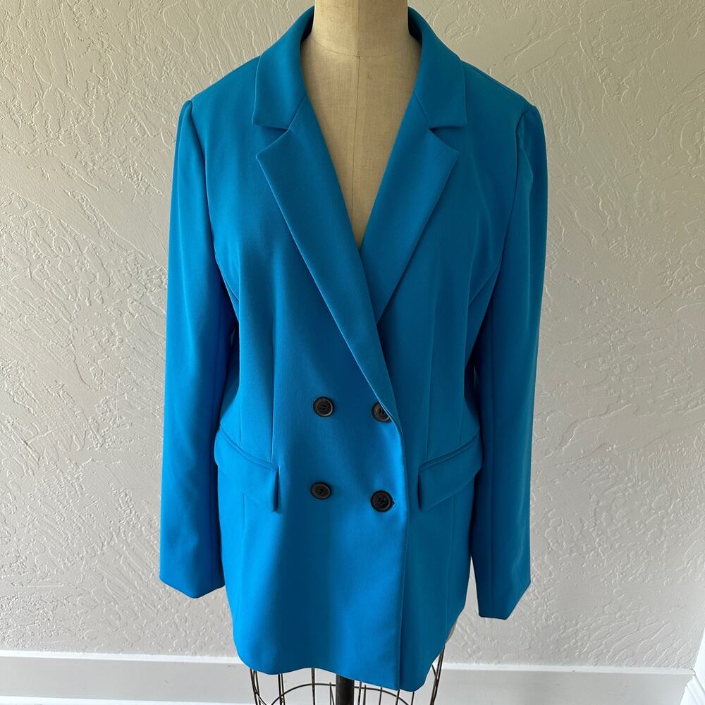 HALOGEN | Womens Double Breasted Blazer Size Large Blue Black Buttons Corpcore